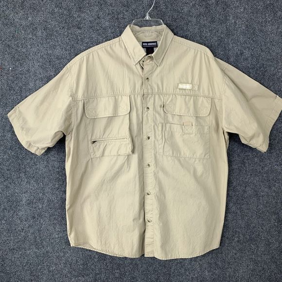 Reel Legions Performance Vented Fishing Shirt Men M Tan Pockets Short Sleeves - Picture 1 of 13